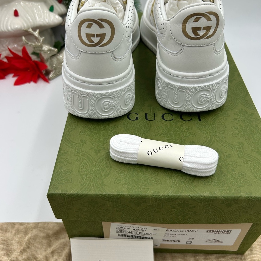 Gucci Women's platform low top sneakers in white leather with gold lame size 36 - Picture 4 of 9